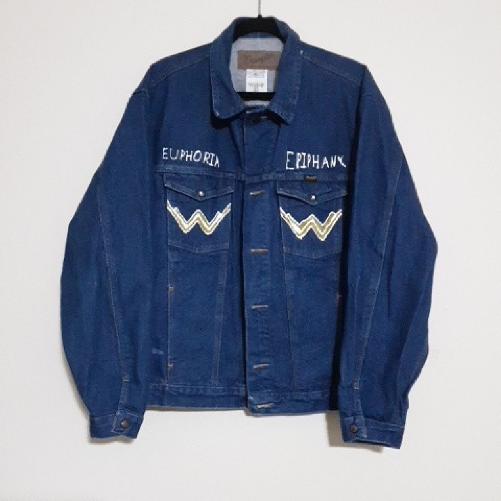 Vintage wrangler Blue Denim Jacket custom painted Y2K thick street wear XXL/TTG